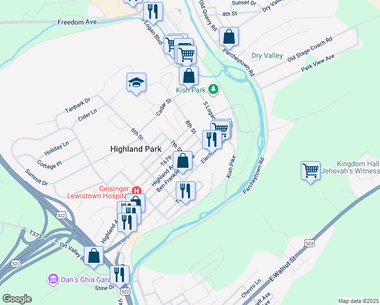 map of restaurants, bars, coffee shops, grocery stores, and more near 709 Highland Avenue in Lewistown