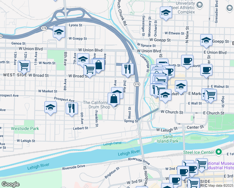 map of restaurants, bars, coffee shops, grocery stores, and more near 417 3rd Avenue in Bethlehem