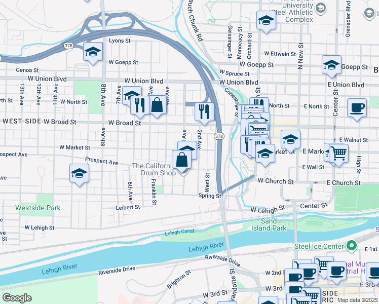map of restaurants, bars, coffee shops, grocery stores, and more near 319 West Market Street in Bethlehem
