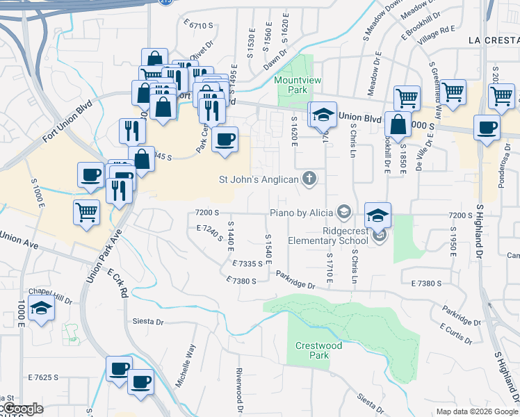 map of restaurants, bars, coffee shops, grocery stores, and more near 7200 South 1540 East in Cottonwood Heights
