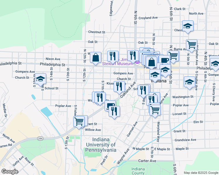 map of restaurants, bars, coffee shops, grocery stores, and more near 1045 School Street in Indiana