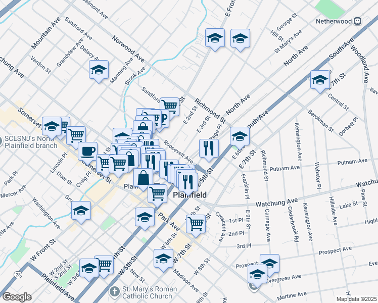 map of restaurants, bars, coffee shops, grocery stores, and more near 302 East 3rd Street in Plainfield