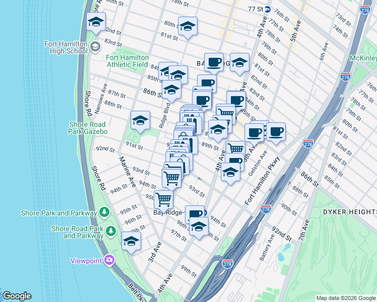 map of restaurants, bars, coffee shops, grocery stores, and more near 3rd Ave & 90th St in Brooklyn