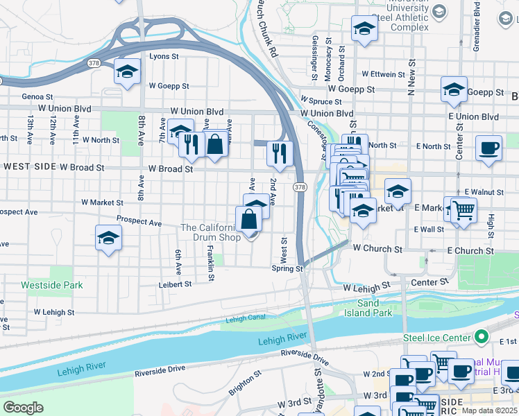 map of restaurants, bars, coffee shops, grocery stores, and more near 319 West Market Street in Bethlehem
