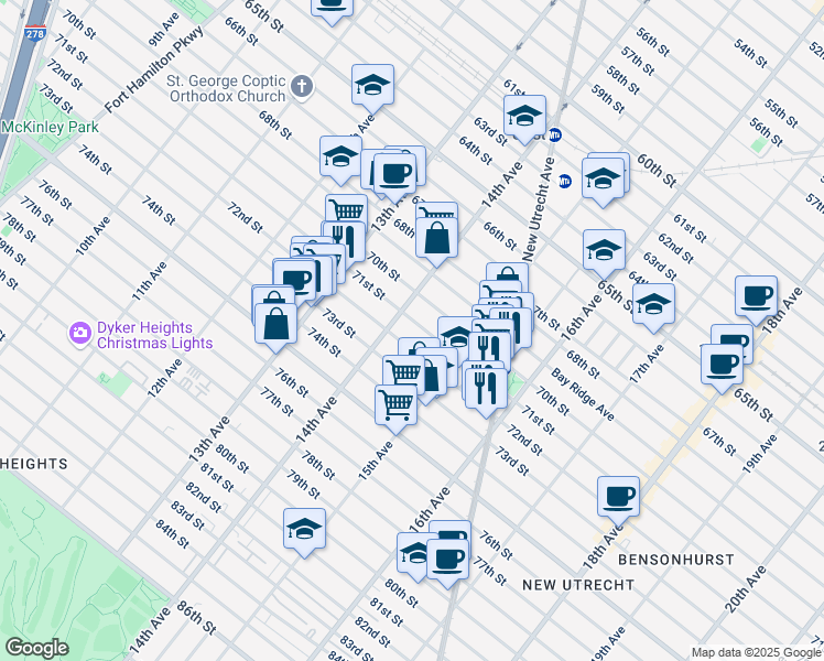 map of restaurants, bars, coffee shops, grocery stores, and more near 1442 72nd Street in Brooklyn
