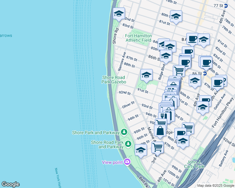 map of restaurants, bars, coffee shops, grocery stores, and more near 9201 Shore Road in Brooklyn