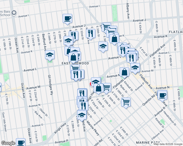 map of restaurants, bars, coffee shops, grocery stores, and more near 3305 Avenue M in Brooklyn