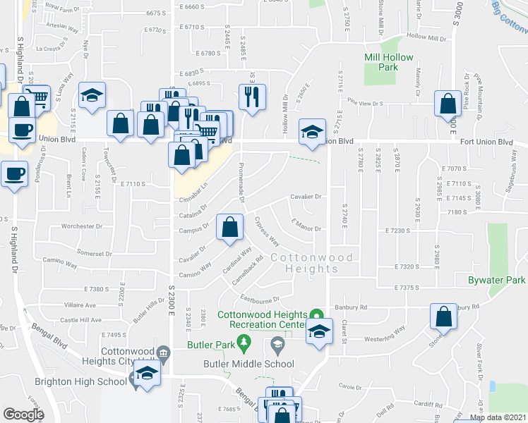 map of restaurants, bars, coffee shops, grocery stores, and more near 7227 Cypress Way in Salt Lake City