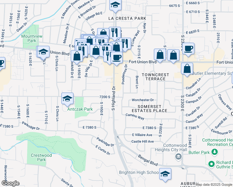 map of restaurants, bars, coffee shops, grocery stores, and more near 7217 South Highland Drive in Cottonwood Heights