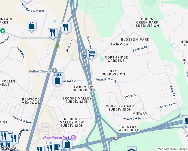 map of restaurants, bars, coffee shops, grocery stores, and more near 5593 Mountain View Drive in Redding