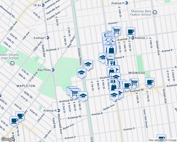 map of restaurants, bars, coffee shops, grocery stores, and more near 1273 East 7th Street in Brooklyn