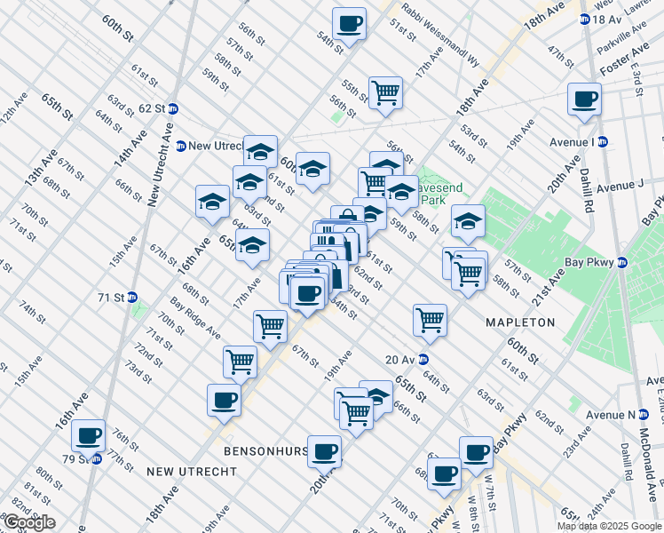 map of restaurants, bars, coffee shops, grocery stores, and more near 6210 18th Avenue in Brooklyn