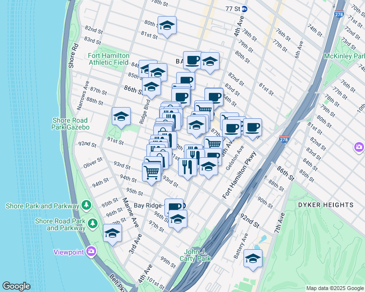 map of restaurants, bars, coffee shops, grocery stores, and more near 345 91st Street in Brooklyn