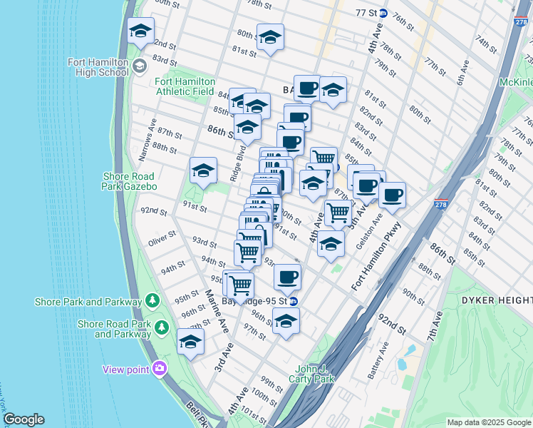 map of restaurants, bars, coffee shops, grocery stores, and more near 290 91st Street in Brooklyn