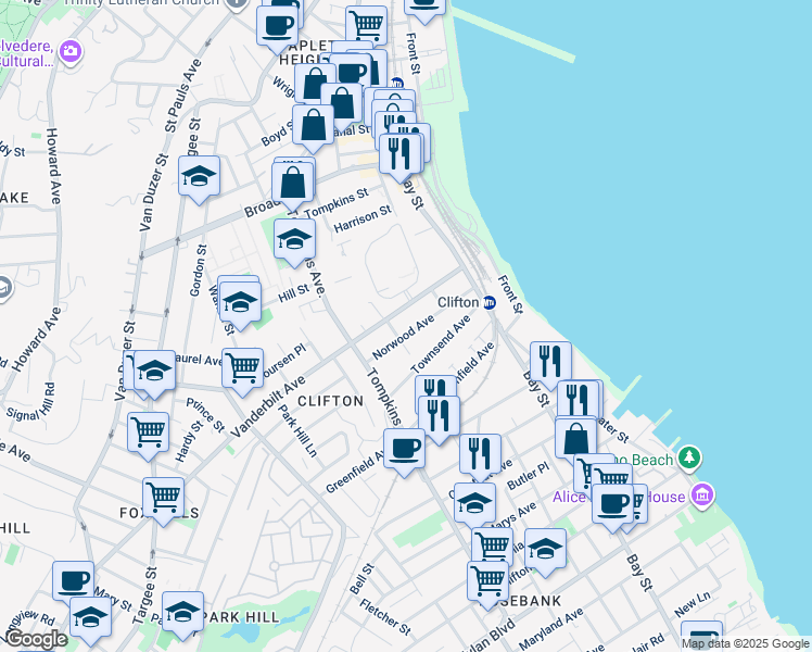 map of restaurants, bars, coffee shops, grocery stores, and more near 241 Talbot Place in Staten Island