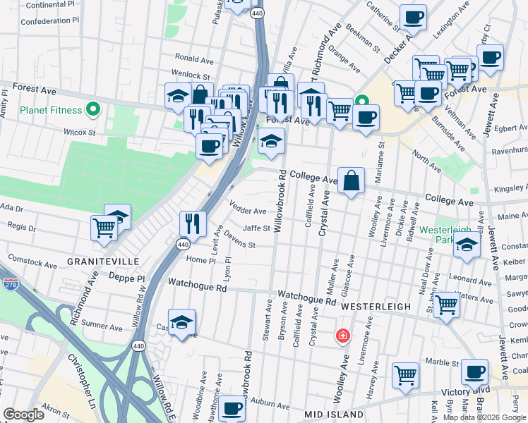 map of restaurants, bars, coffee shops, grocery stores, and more near 200 Willowbrook Road in Staten Island