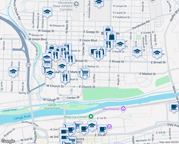 map of restaurants, bars, coffee shops, grocery stores, and more near 445 High Street in Bethlehem