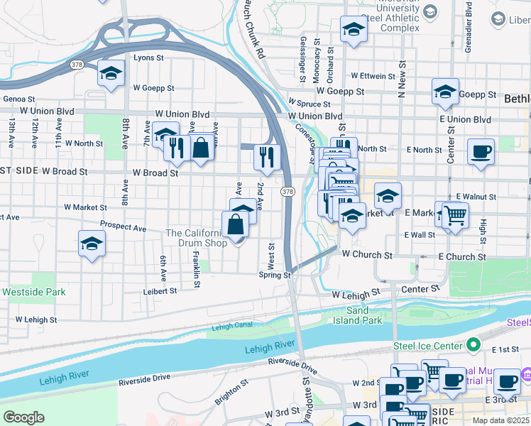 map of restaurants, bars, coffee shops, grocery stores, and more near 415 2nd Avenue in Bethlehem