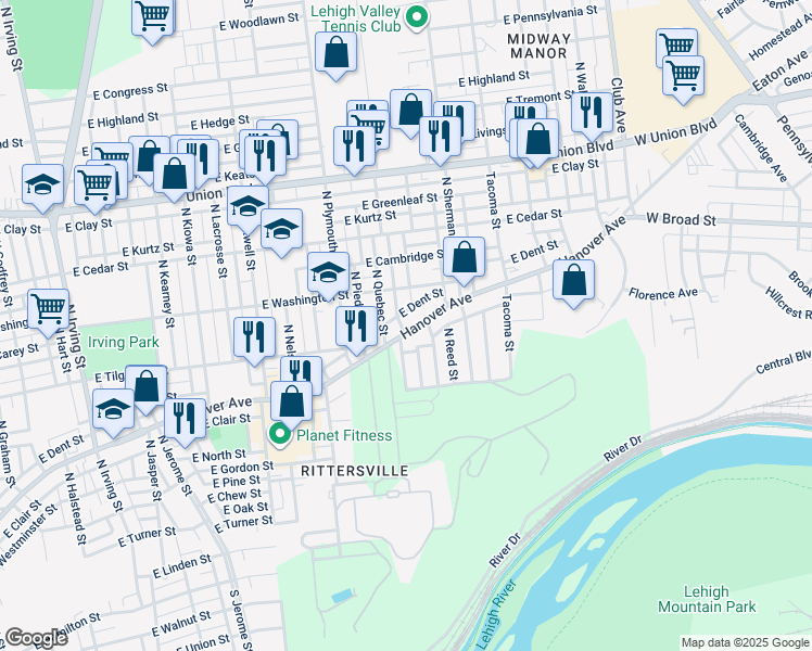 map of restaurants, bars, coffee shops, grocery stores, and more near 642 North Randolph Street in Allentown