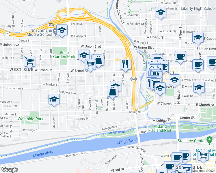 map of restaurants, bars, coffee shops, grocery stores, and more near 419 West Market Street in Bethlehem