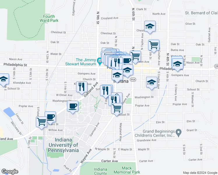 map of restaurants, bars, coffee shops, grocery stores, and more near 725 School Street in Indiana