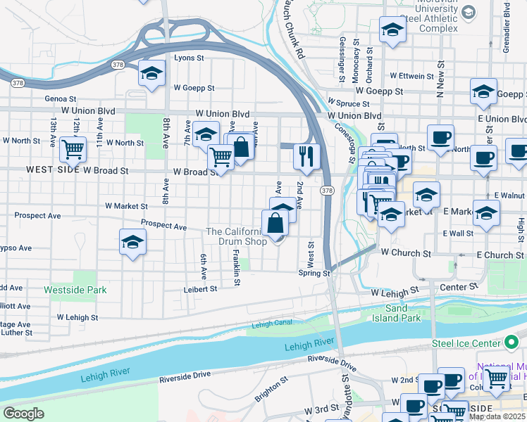map of restaurants, bars, coffee shops, grocery stores, and more near 421 West Market Street in Bethlehem