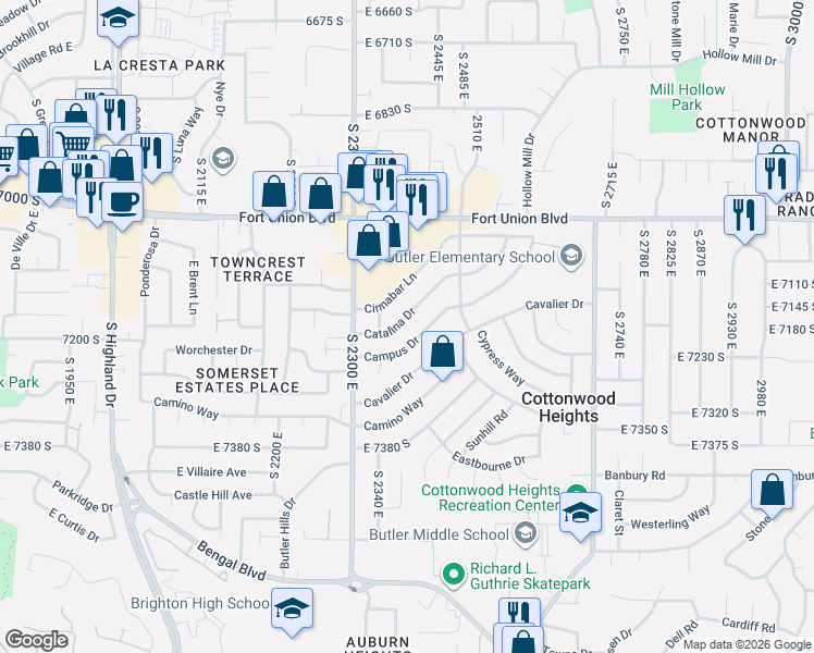 map of restaurants, bars, coffee shops, grocery stores, and more near 2421 Cavalier Drive in Salt Lake City