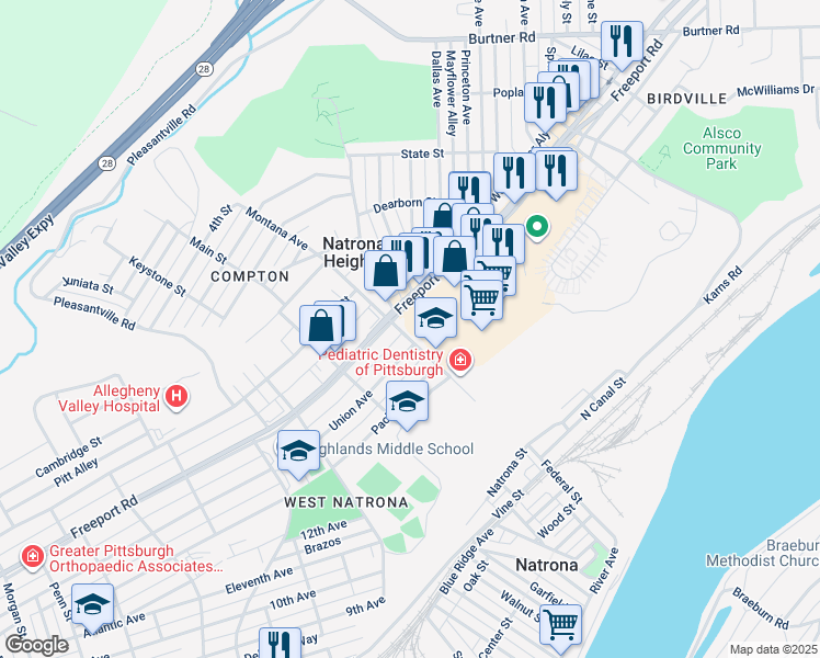 map of restaurants, bars, coffee shops, grocery stores, and more near 800 Montana Avenue in Natrona Heights
