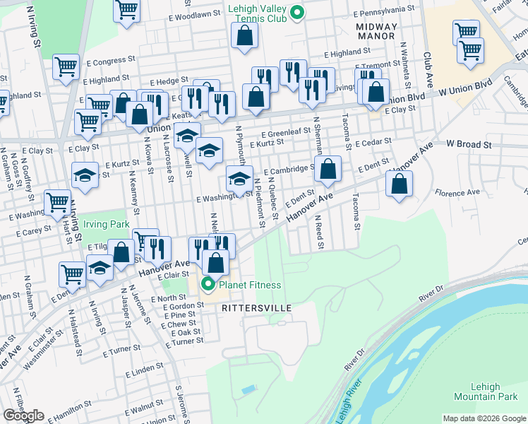 map of restaurants, bars, coffee shops, grocery stores, and more near 1638 East Washington Street in Allentown