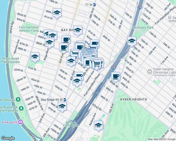 map of restaurants, bars, coffee shops, grocery stores, and more near 8515 5th Avenue in Brooklyn