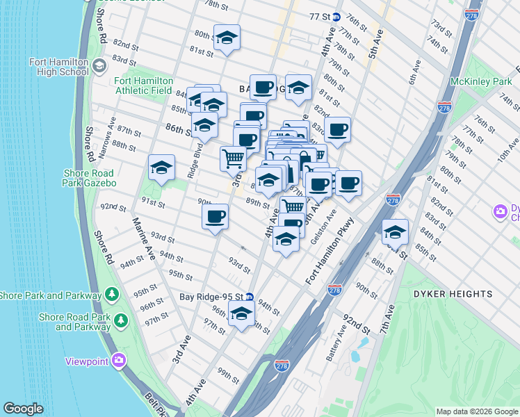 map of restaurants, bars, coffee shops, grocery stores, and more near 365 88th Street in Brooklyn
