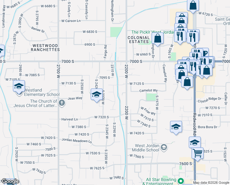 map of restaurants, bars, coffee shops, grocery stores, and more near 7181 South Mel Helen Way in West Jordan