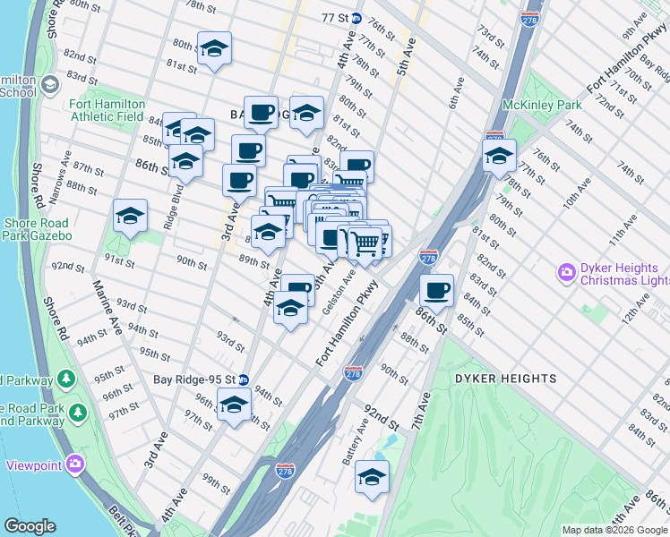 map of restaurants, bars, coffee shops, grocery stores, and more near 8515 5th Avenue in Brooklyn