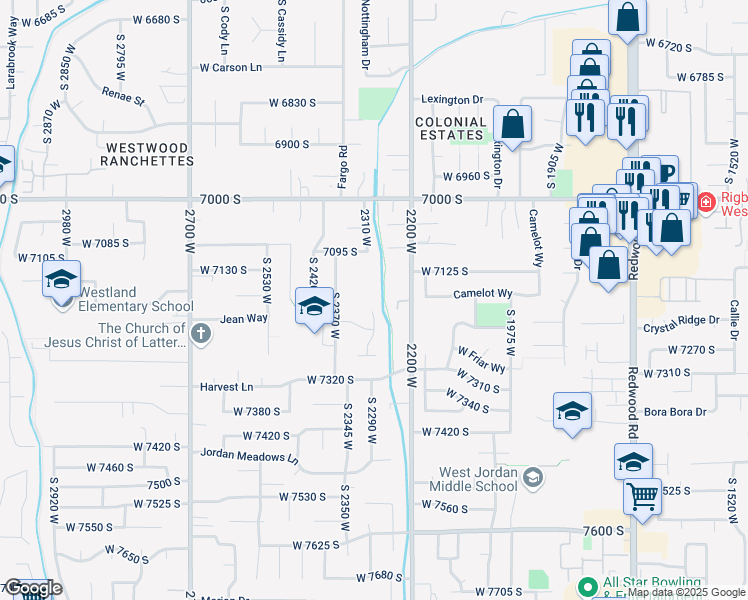 map of restaurants, bars, coffee shops, grocery stores, and more near 7181 South Mel Helen Way in West Jordan