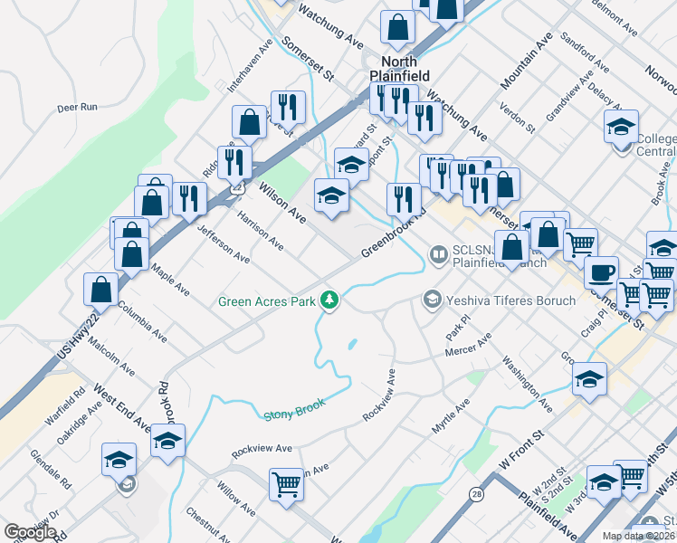 map of restaurants, bars, coffee shops, grocery stores, and more near 11 Wilson Avenue in North Plainfield