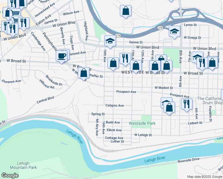 map of restaurants, bars, coffee shops, grocery stores, and more near 1602 West Market Street in Bethlehem