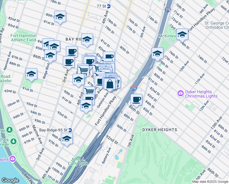 map of restaurants, bars, coffee shops, grocery stores, and more near 559 86th Street in Brooklyn