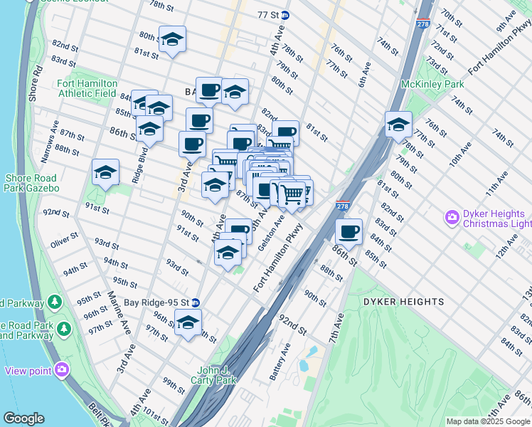 map of restaurants, bars, coffee shops, grocery stores, and more near 8515 5th Avenue in Brooklyn