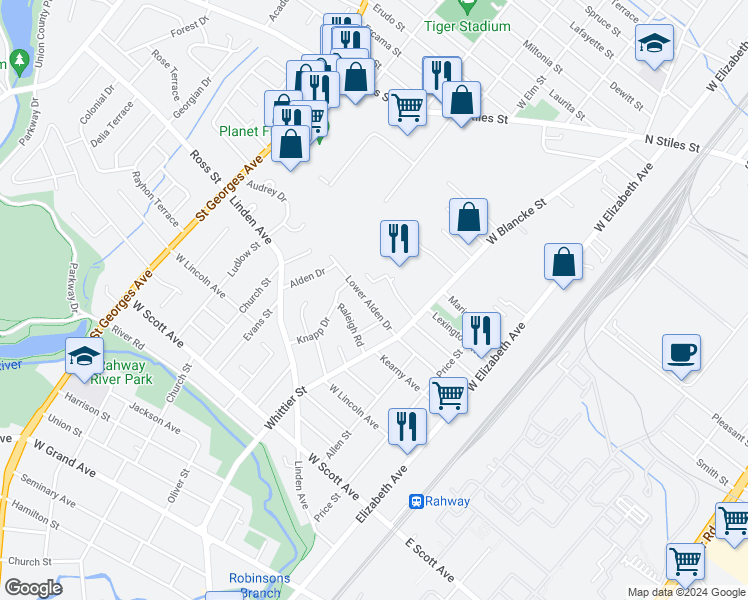 map of restaurants, bars, coffee shops, grocery stores, and more near 389 Lower Alden Drive in Rahway