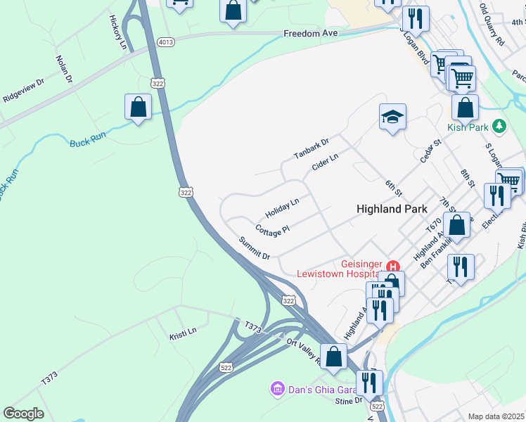 map of restaurants, bars, coffee shops, grocery stores, and more near 366 Holiday Lane in Lewistown
