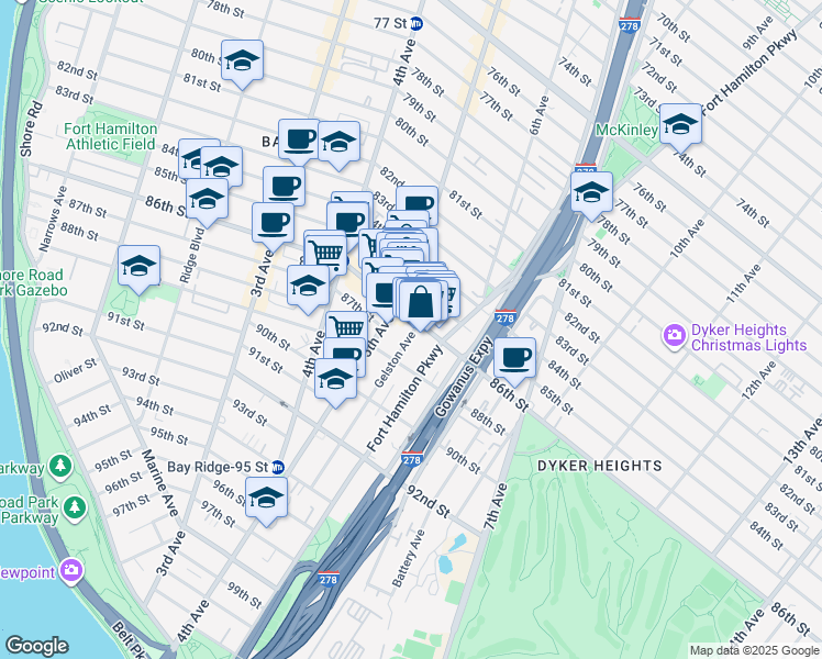 map of restaurants, bars, coffee shops, grocery stores, and more near 559 86th Street in Brooklyn