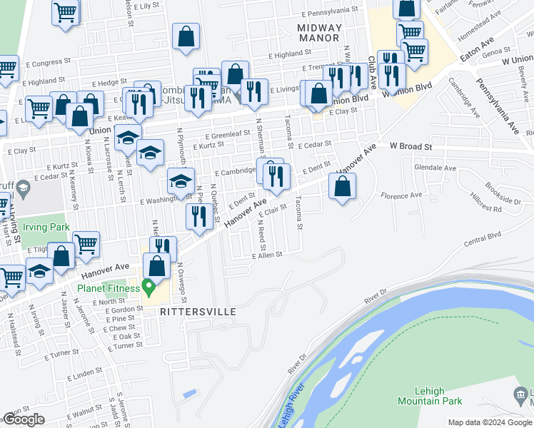 map of restaurants, bars, coffee shops, grocery stores, and more near 664 North Sherman Street in Allentown