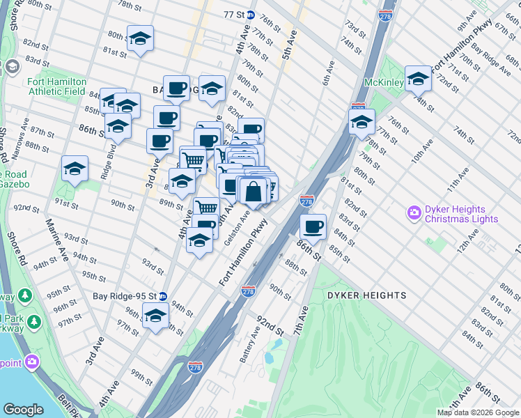 map of restaurants, bars, coffee shops, grocery stores, and more near 559 86th Street in Brooklyn