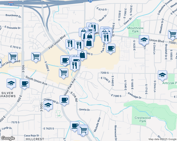map of restaurants, bars, coffee shops, grocery stores, and more near 1310 Park Centre Drive in Cottonwood Heights
