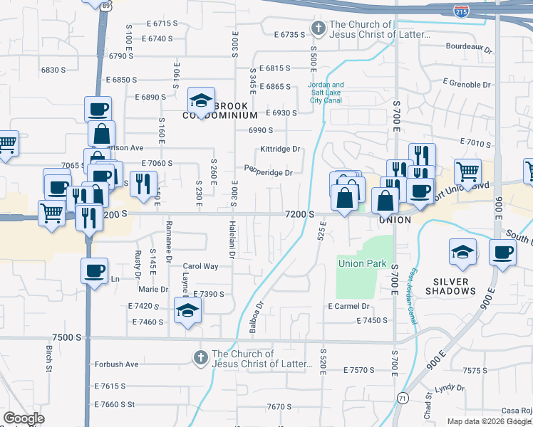 map of restaurants, bars, coffee shops, grocery stores, and more near 7173 South 350 East in Midvale
