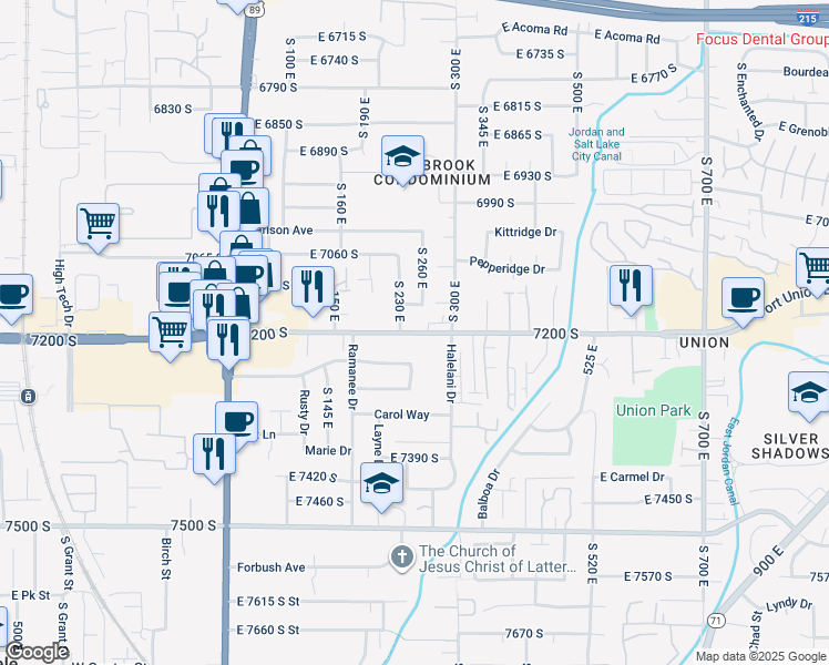 map of restaurants, bars, coffee shops, grocery stores, and more near 7169 South 230 East in Midvale