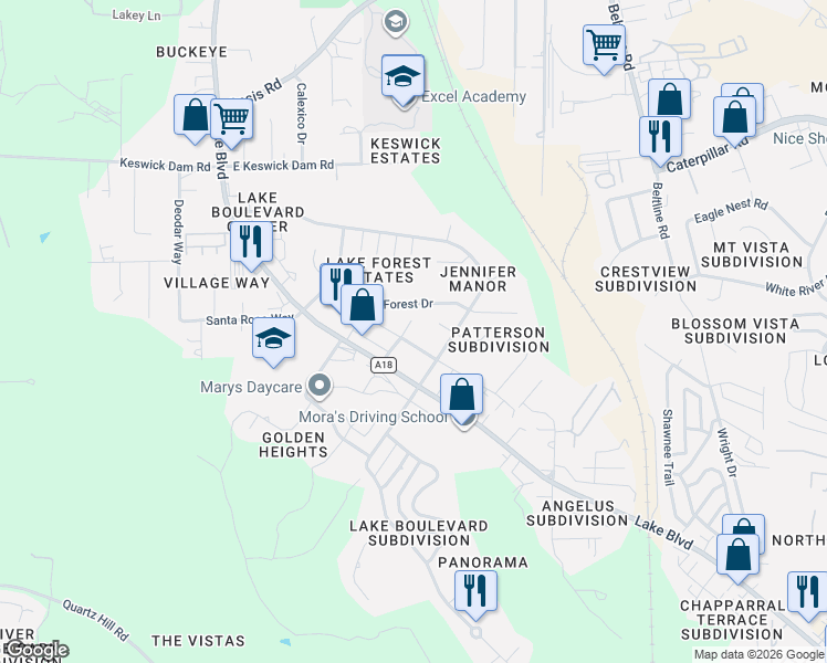 map of restaurants, bars, coffee shops, grocery stores, and more near 3725 Lake Forest Drive in Redding