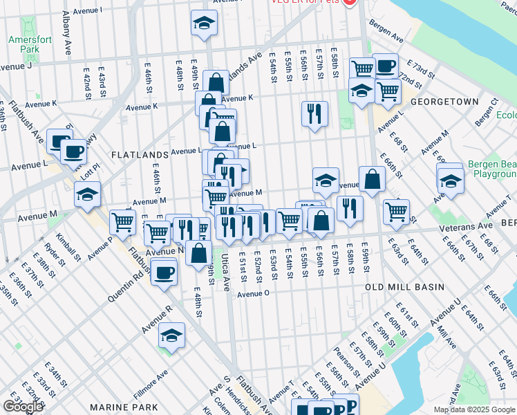 map of restaurants, bars, coffee shops, grocery stores, and more near 5220 Avenue M in Brooklyn