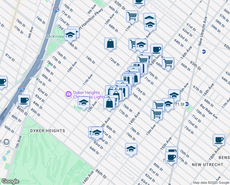 map of restaurants, bars, coffee shops, grocery stores, and more near 1232 74th Street in Brooklyn