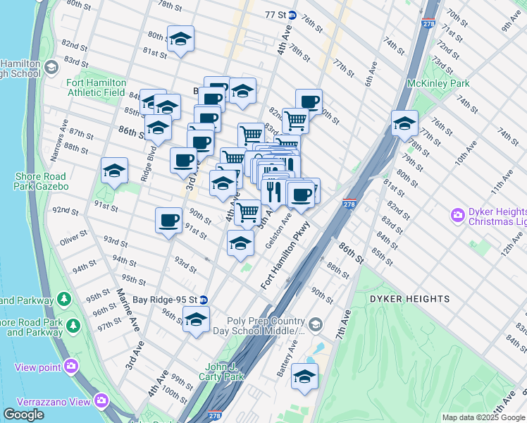 map of restaurants, bars, coffee shops, grocery stores, and more near 8515 5th Avenue in Brooklyn